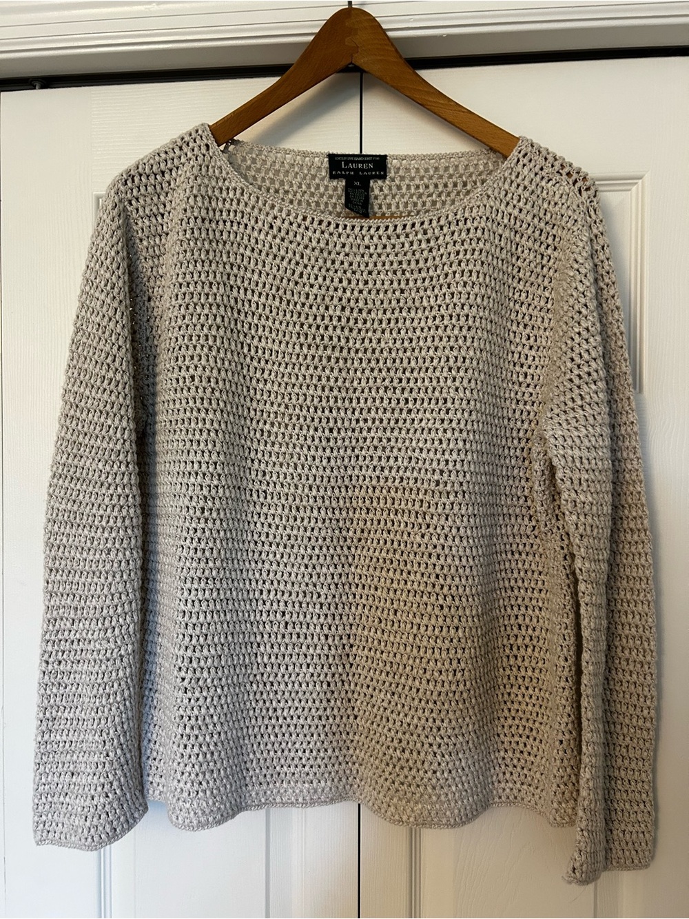Lauren Ralph Lauren Beige Open-Knit Crewneck Sweater, “Exclusive Hand Knit”